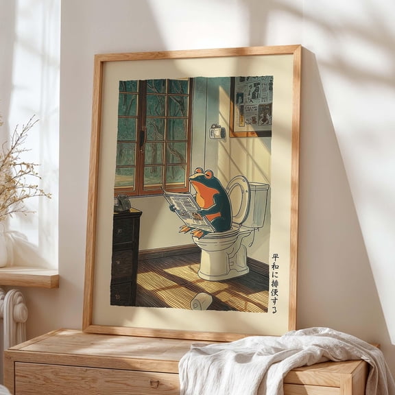 Funny Pooping Frog Bathroom Art Print, Toilet Reading Poster, Japanese Retro Ukiyo-e Wall Decor, Whimsical Restroom Humor Gift, Poster Only