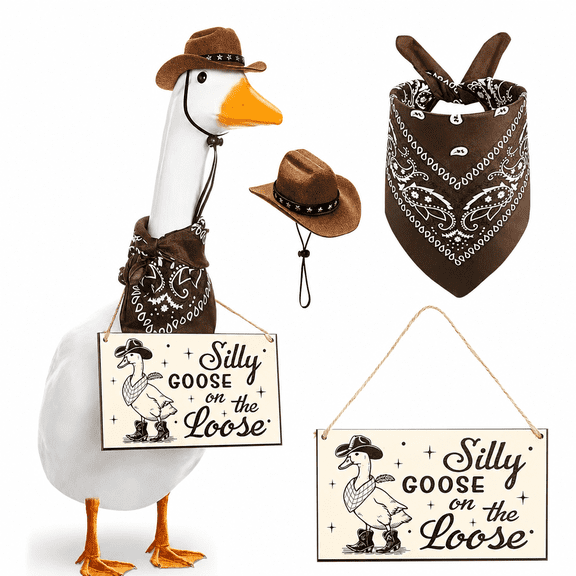 Funny Porch Goose Decoration Set Silly Goose on the Loose Hanging Sign with Cowboy Hat & Bandana for 23-inch Outdoor Statue, Patio Lawn Art