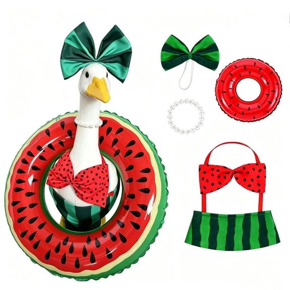 Funny Porch Goose Summer Outfit Watermelon Bikini Set With Giant Bow Pearl Necklace And Inflatable Pool Float Ring For 23 Inch Front Porch Garden Statue Decor