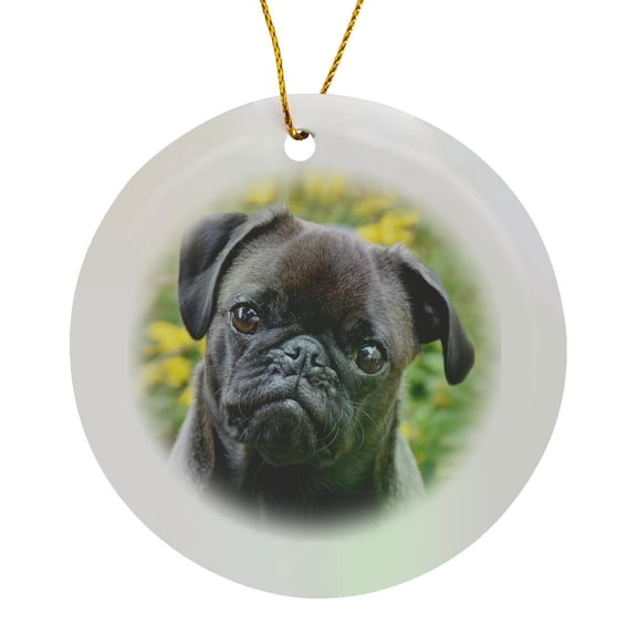 3drose, Funny Portrait of Black Pug Dog Animal, Circle Porcelain Ornament