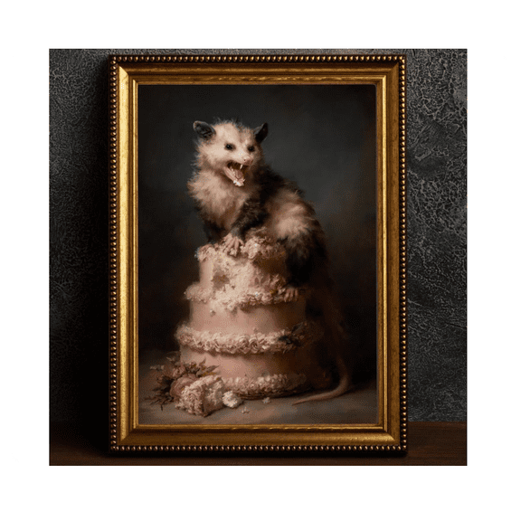 Funny Possum Cake Art Print Angry Opossum Poster Gothic Home Decor Vintage Wall Art