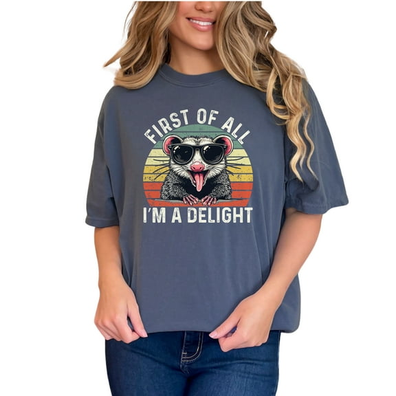 Funny Possum T-Shirt, First Of All I'm A Delight, Retro Vintage Style Tee, Humorous Animal Graphic Shirt, Cool Possum Design, Denim Comfort Colors T-Shirt, XL