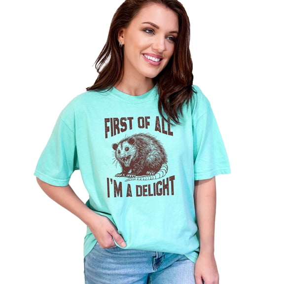 Funny Possum T-Shirt, First Of All I'm A Delight Shirt, Humorous Animal Tee, Sarcastic Gift Idea, Quirky Graphic TShirt, Cute Possum Design, Chalky Mint Comfort Colors T-Shirt, Small