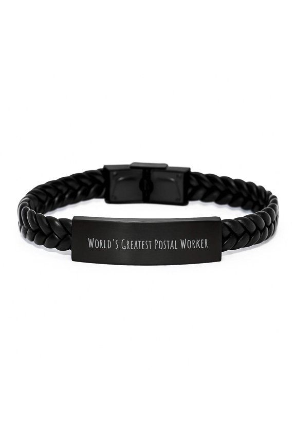 Funny Postal Worker Quotes Gifts for Men - 'World's Greatest' Interlaced Leather Bracelet, Stainless Steel PU Leather, Christmas Unique Gifts from Friends, Family, Coworkers