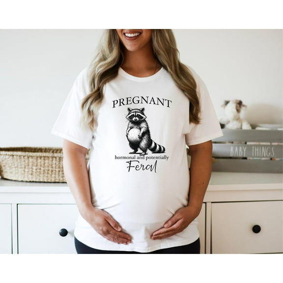 Funny Pregnancy Shirt – “Feral and Pregnant” Raccoon Maternity Tee for Mom-to-Be, Baby Reveal Gift