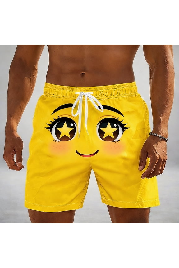 Funny Print Drawstring Shorts for Men Quick-Dry Beach Trunks Graphic Swim Shorts Elastic Waistband Summer Vacation Partywear