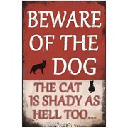 Funny Private Property No Trespassing Warning Sign Beware of The Dog, The Cat is Shady - 8"x12" Yard Sign, Farm Garden Wall Decor for Home Fence
