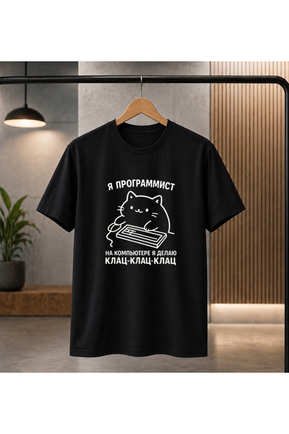 Funny Programmer Cat Keyboard Click Russian Code T-Shirt, for men & women, S-5XL