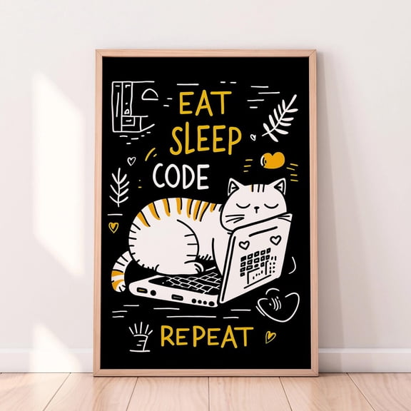 Funny Programmer Cat Print - Eat Sleep Code Repeat - Geeky Developer Wall Art Modern Wall Decor Art