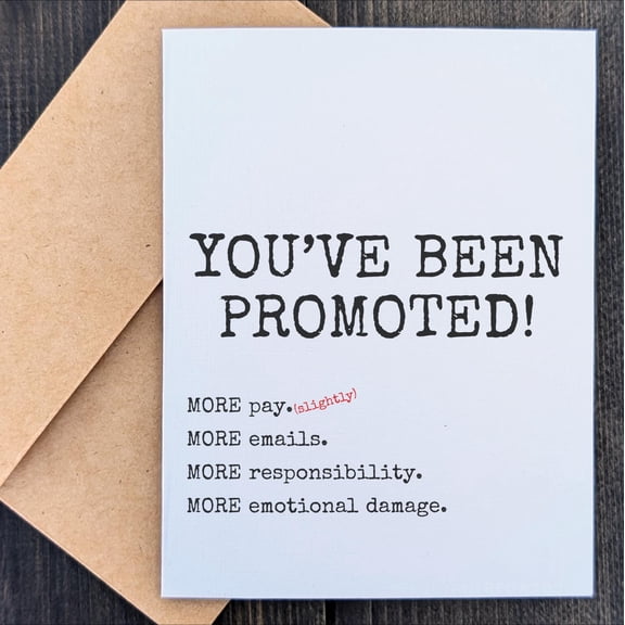 Funny Promotion Greeting Card for Coworkers, Humorous New Job Congratulations Card with Kraft Envelope, Office Humor Note for Friend