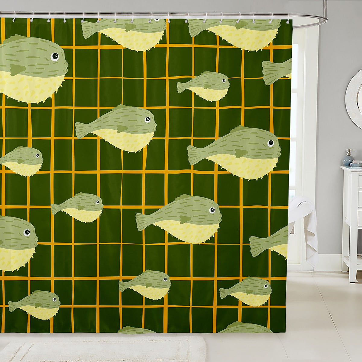 Funny Puffer Fish Bathroom Shower Curtain Sets 72"Wx72"L,Cartoon Doodle