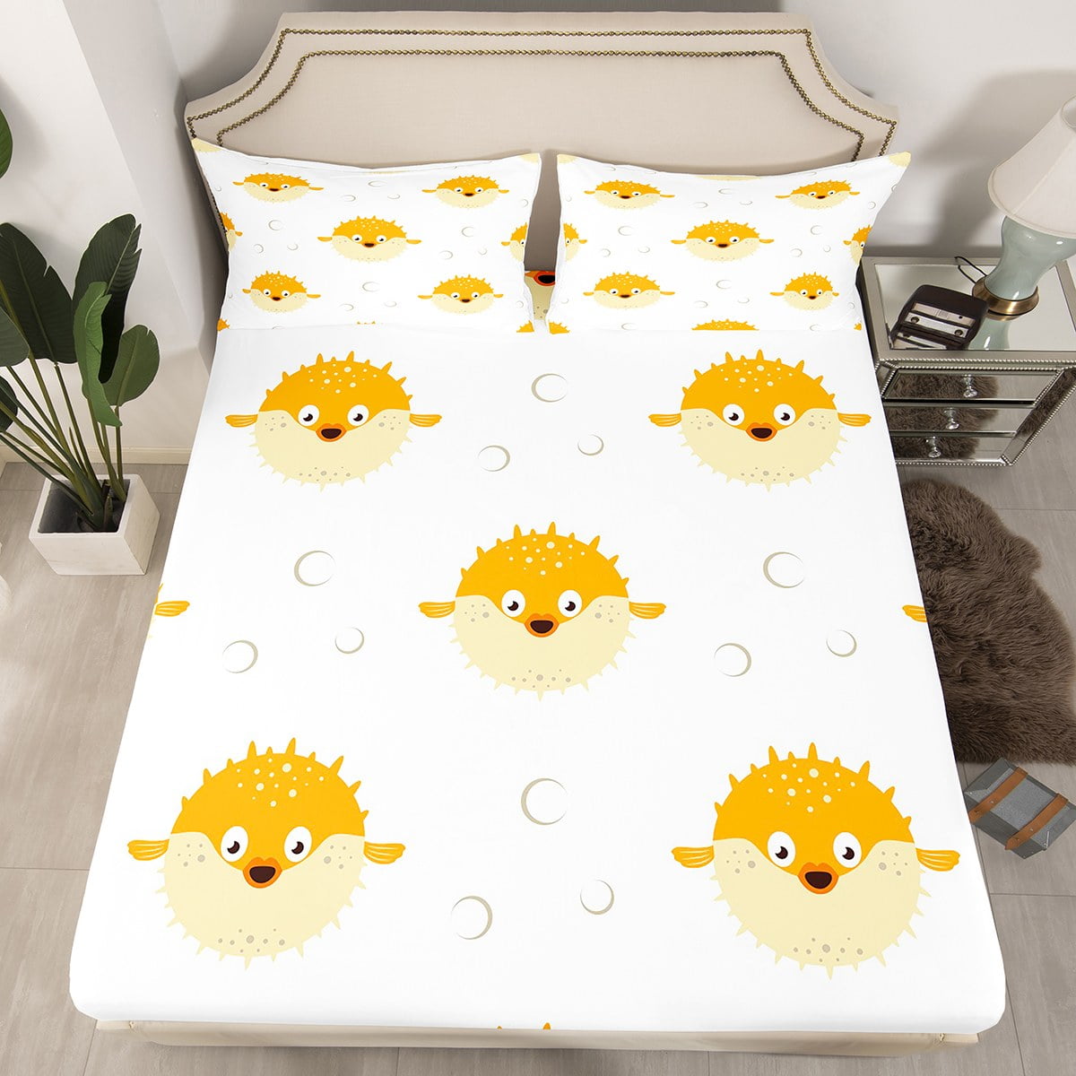 Funny Puffer Fish Bed Sheets for Kids Cartoon Ocean Animals Bedding Set