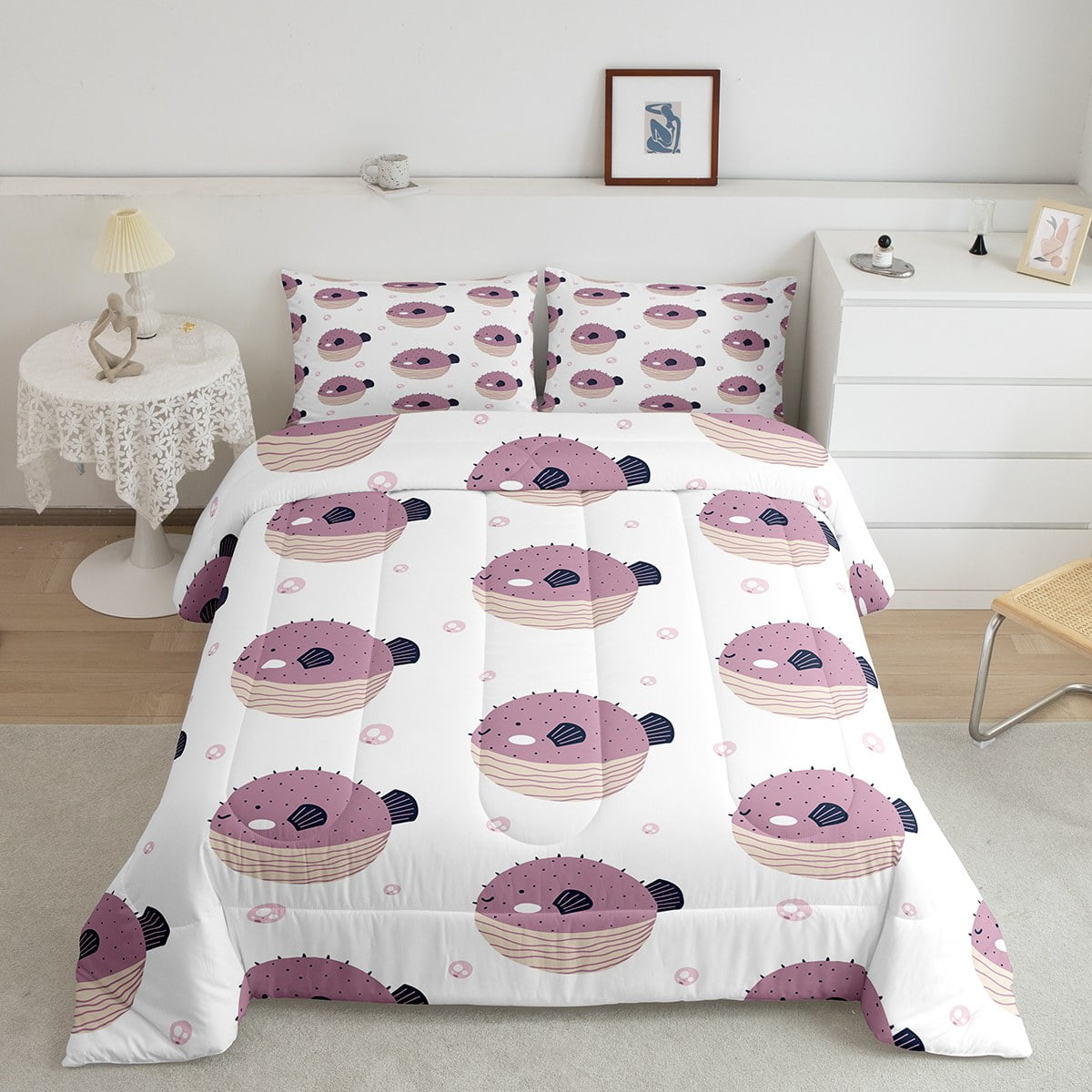 Funny Puffer Fish Decor Bedding Queen Size,Cute Cartoon Sea Animal Bedding Comforter Sets for