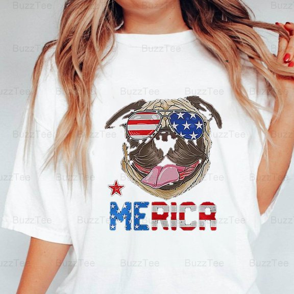 Funny Pug 4th July Merica American Flag Pet Patriotic Dog Art T-Shirt Unisex, up to 5XL
