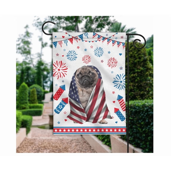 Funny Pug Dog America 4Th Of July Flag, Pug Dog Usa Happy Independence Day Flag 12x18 POLE NOT INCLUDED Garden Flag