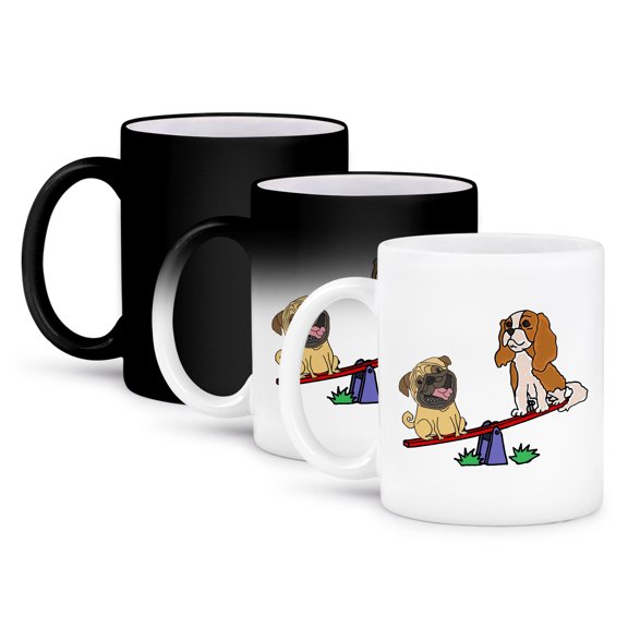 3drose, Funny Pug Dog and Cavalier Puppy Dog Playing on Seesaw Cartoon, 11oz Magic Transforming Mug