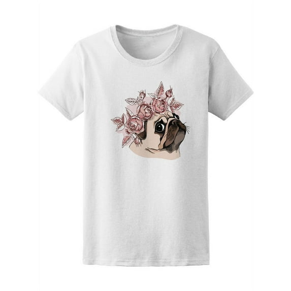 Funny Pug Dog Cute Roses Wreath T-Shirt Women -Image by Shutterstock, Female Large