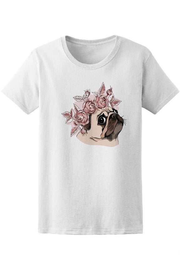 Funny Pug Dog Cute Roses Wreath T-Shirt Women -Image by Shutterstock, Female Medium