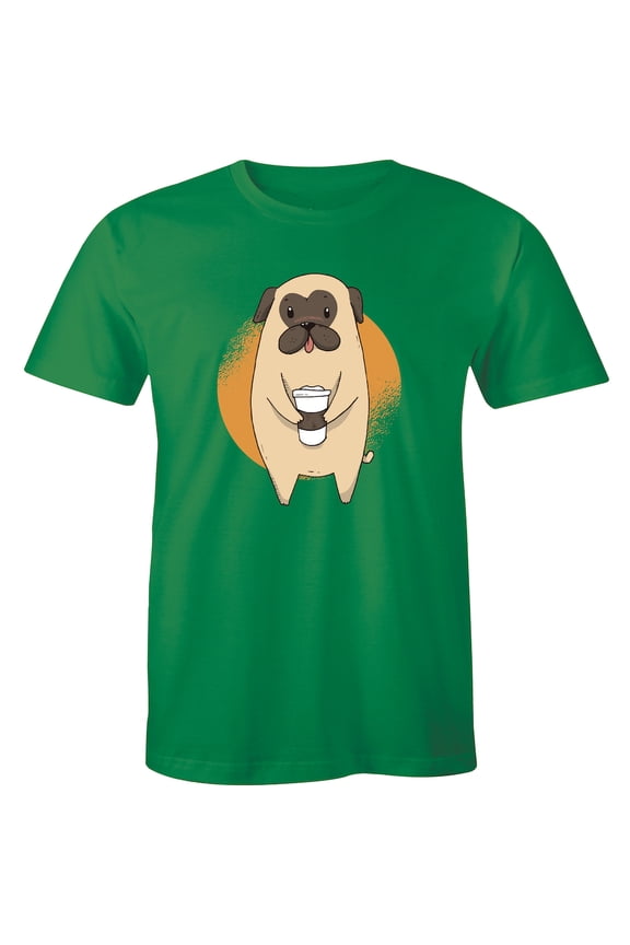 Funny Pug Dog Drinking Coffee Cool Crew Neck Men's Animal T-Shirt