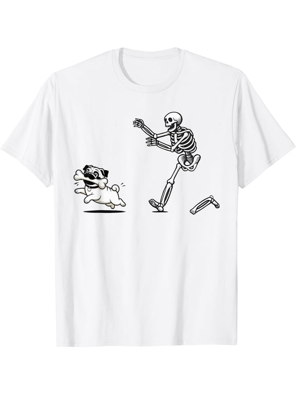 Funny Pug Dog Steals Bone from Skeleton Design Unisex T-Shirt