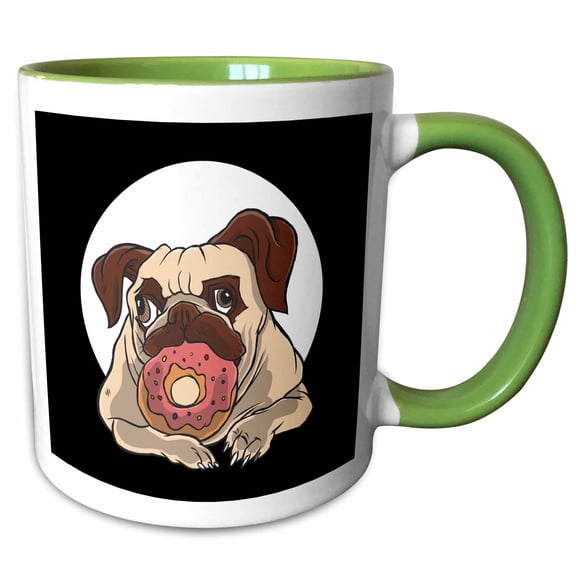 3drose, Funny Pug Dog with Donut Eating Sweet Cake, 11oz Two-tone Green Mug