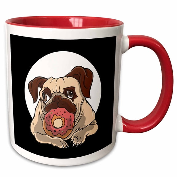 3drose, Funny Pug Dog with Donut Eating Sweet Cake, 11oz Two-tone Red Mug
