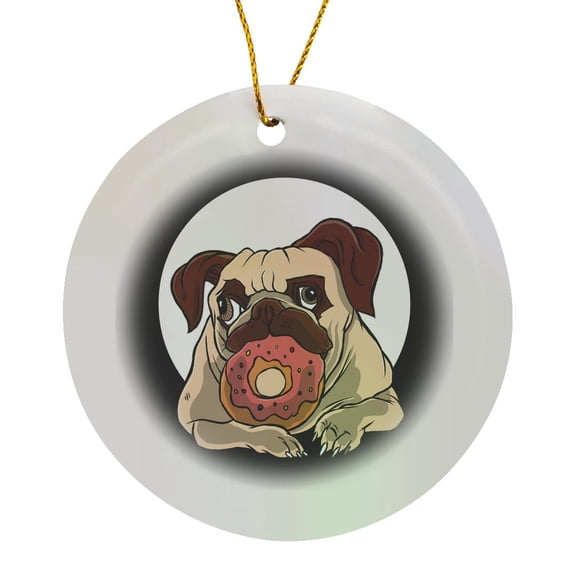 3drose, Funny Pug Dog with Donut Eating Sweet Cake, Circle Porcelain Ornament