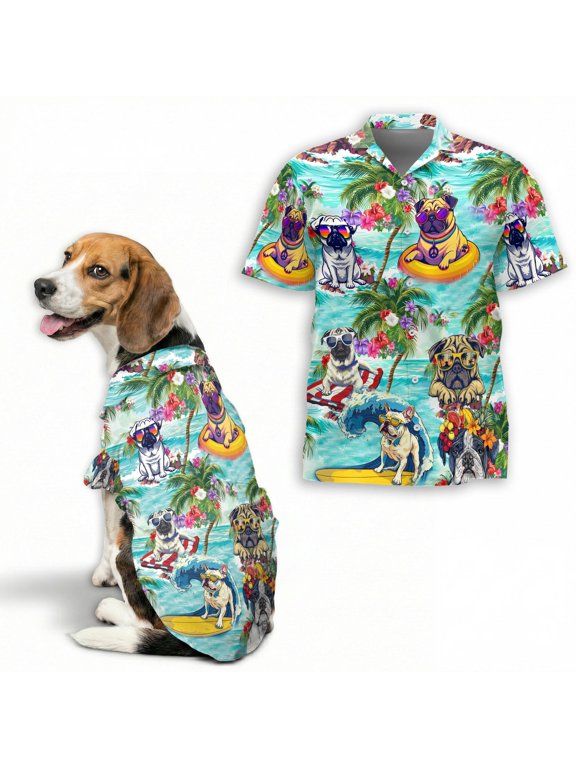 Funny Pug Hawaiian Shirt for Adults and Dogs, Tropical Beach Surfing Pug Design, Aloha Summer Vacation Shirt