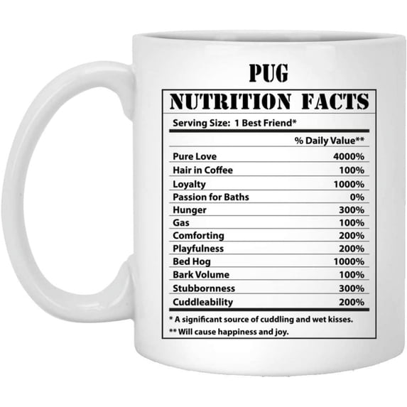 Funny Pug Nutritional Facts Coffee Mug Dogs Lovers Birthday Gifts 2022 Christmas Nutrition Cup Ceramic White 11oz