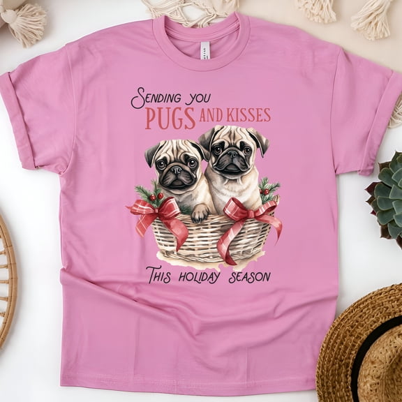 Funny Pug Shirt | Pugs and Kisses Graphic Tee for Dog Lovers, Azalea, Size L