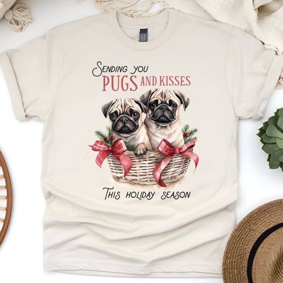 Funny Pug Shirt | Pugs and Kisses Graphic Tee for Dog Lovers, Natural, Size L