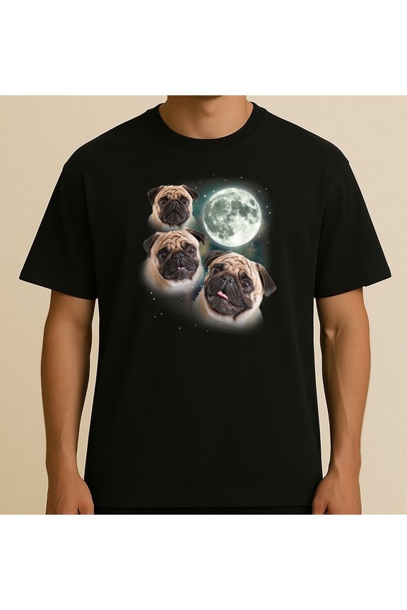 Funny Pug T-Shirt _ 3 Pug Moon Dog Lovers Three Space Canines Men Women Kids