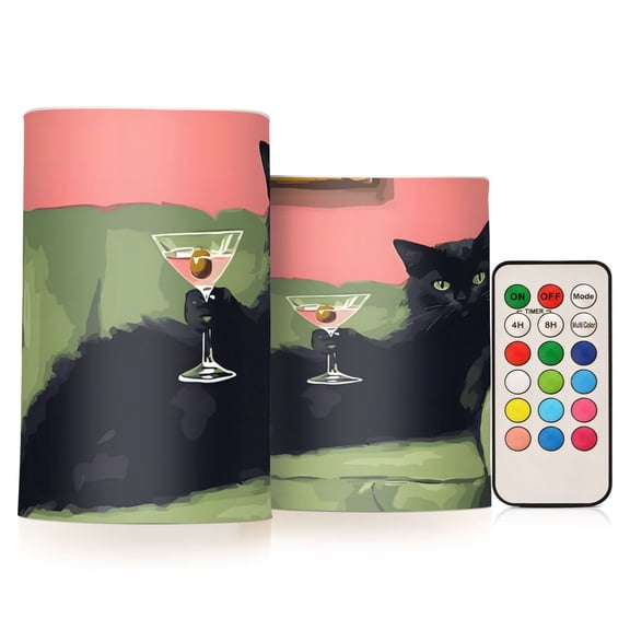 Funny Pull Black Cat Flickering Flameless Candles Battery Operated with Remote Timer LED Pillar Candles Set of 2