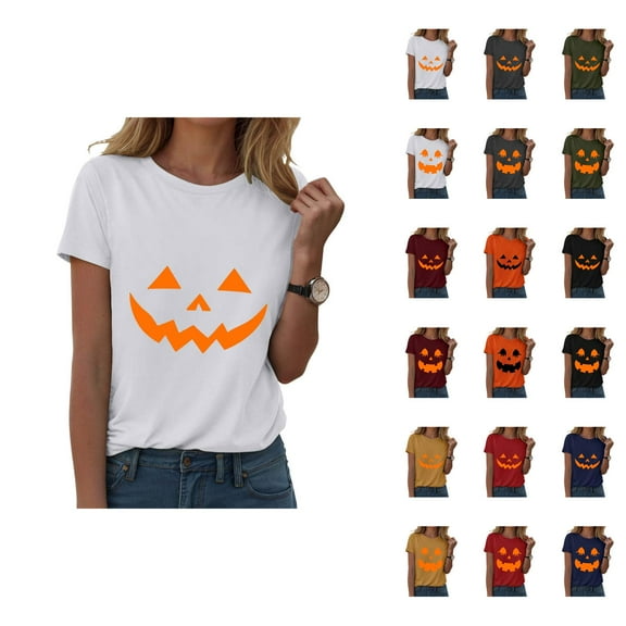 Funny Pumpkin Face Halloween Tshirts Women 2025 Short Sleeve Crewneck Funny Graphic Halloween Shirts for Women