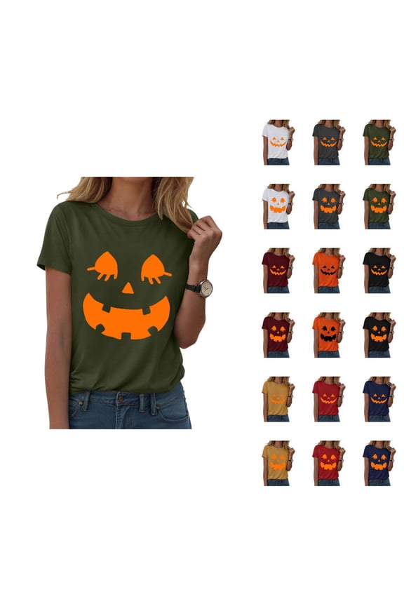 Funny Pumpkin Face Halloween Tshirts Women 2025 Short Sleeve Crewneck Funny Graphic Halloween Shirts for Women