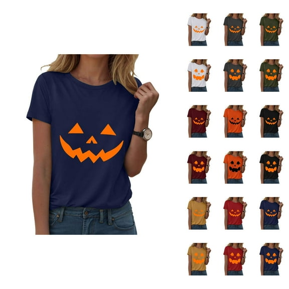 Funny Pumpkin Face Halloween Tshirts Women 2025 Short Sleeve Crewneck Funny Graphic Halloween Shirts for Women