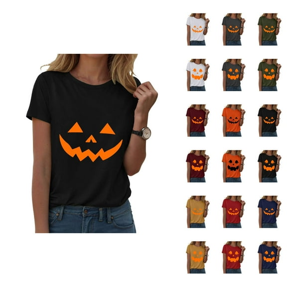 Funny Pumpkin Face Halloween Tshirts Women 2025 Short Sleeve Crewneck Funny Graphic Halloween Shirts for Women