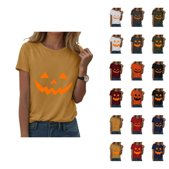 Funny Pumpkin Face Halloween Tshirts Women 2025 Short Sleeve Crewneck Funny Graphic Halloween Shirts for Women