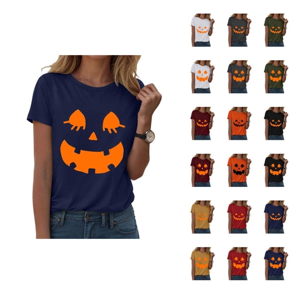 Funny Pumpkin Face Halloween Tshirts Women 2025 Short Sleeve Crewneck Funny Graphic Halloween Shirts for Women