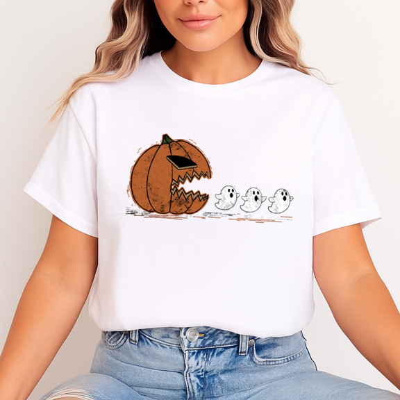 Funny Pumpkin Ghost Chase Halloween T-Shirt Unisex Casual Spooky Tee - Gift for Halloween
