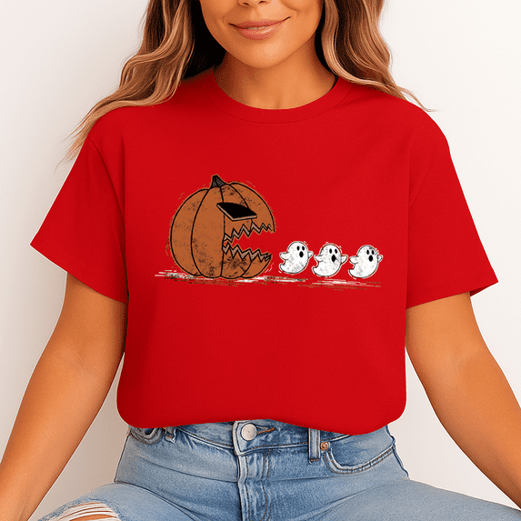 Funny Pumpkin Ghost Chase Halloween T-Shirt Unisex Casual Spooky Tee - Gift for Halloween
