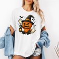 thumbnail image 1 of Funny Pumpkin Ghost Halloween T-Shirt for Women, Graphic Tee, Regular Fit, Spooky Fall Top，Crew neck，Cute，cotton，white，S-5XL, 1 of 4