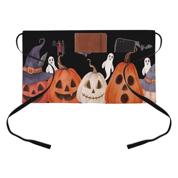 Funny Pumpkin Ghost Kitchen Restaurant Half Waist Apron, Boo Black Bat Halloween Black Server Short Apron with 3 Pockets Waterproof Oil Waist Aprons for Women Waitress Waiter
