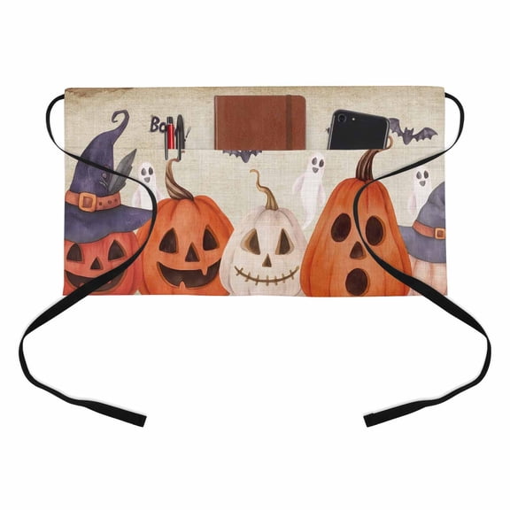 Funny Pumpkin Ghost Kitchen Restaurant Half Waist Apron, Boo Black Bat Halloween Vintage Linen Server Short Apron with 3 Pockets Waterproof Oil Waist Aprons for Women Waitress Waiter