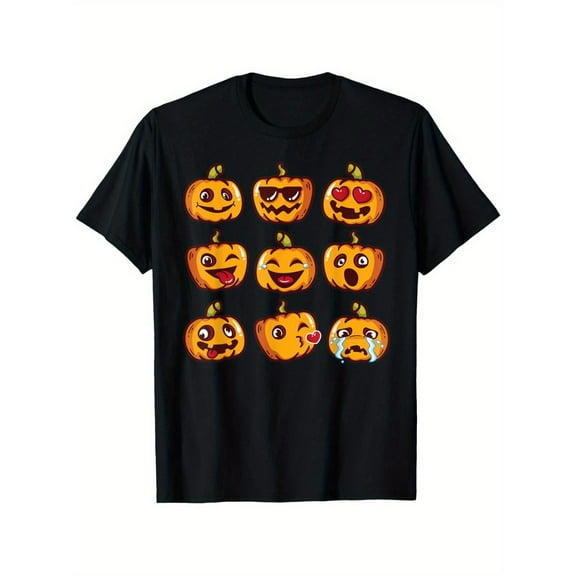 Funny Pumpkin Graphic Tee Colorful Carved Design Halloween Playful Comfort Cotton T-Shirt Black S-5XL
