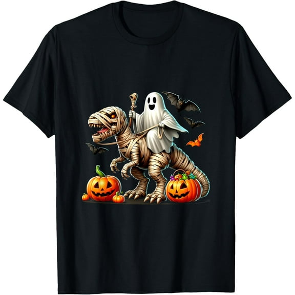 Funny Pumpkin Skeleton Riding Mummy Dinosaur T rex Halloween T-Shirt