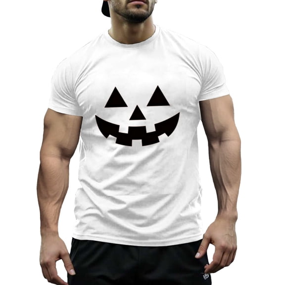 Funny Pumpkin Skull Print Men's & Big Men's Cotton Crewneck T-Shirt Novelty Holiday Short Sleeves, Size XS-5XL