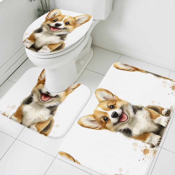 Funny Puppy Bathroom Rugs Set Watercolor Cute Cartoon Dog Animal Non Slip Absorbent Soft Bath Mats 3 Piece Set with Bathroom Rug, U-Shaped Floor Mat, Toilet Seat Cover Large Size