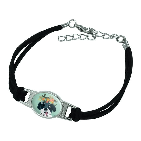 Funny Puppy Flowers in Hair Novelty Suede Leather Metal Bracelet