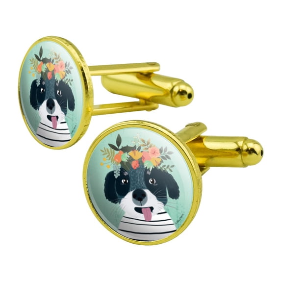 Funny Puppy Flowers in Hair Round Cufflink Set Gold Color